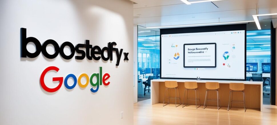 escritorio da boostedfy, com a logo na parede, uma apresentação com slide, em uma apresentação, na sede do google, com a logo da boostedfy x google (1)