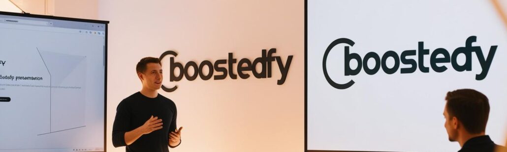 escritorio da boostedfy, com a logo na parede, uma apresentação com slide, em uma apresentação (5)