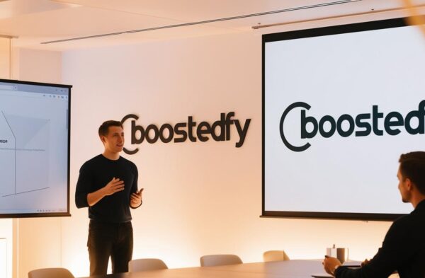 escritorio da boostedfy, com a logo na parede, uma apresentação com slide, em uma apresentação (5)