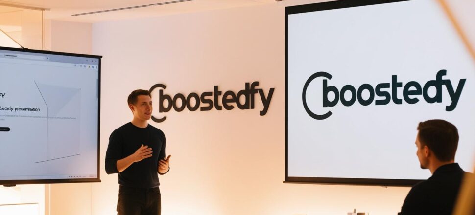 escritorio da boostedfy, com a logo na parede, uma apresentação com slide, em uma apresentação (5)