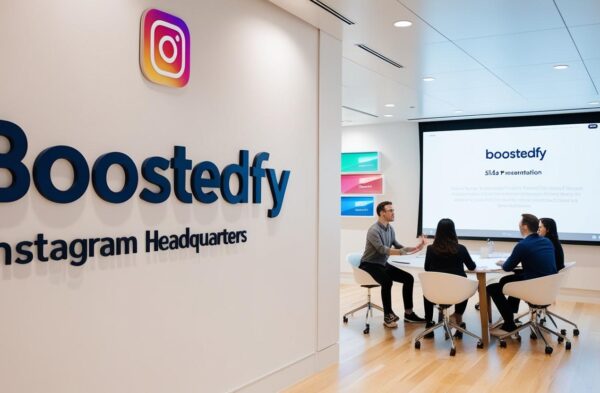 escritorio da boostedfy, com a logo na parede, uma apresentação com slide, em uma apresentação, na sede do instagram (4)