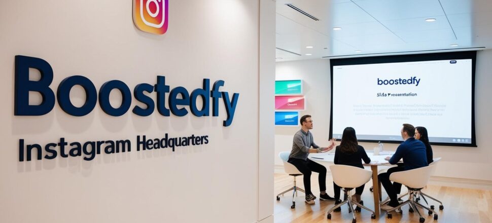 escritorio da boostedfy, com a logo na parede, uma apresentação com slide, em uma apresentação, na sede do instagram (4)